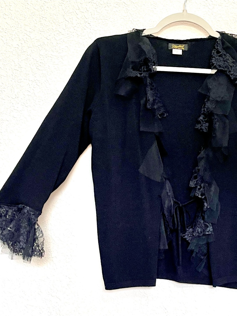 VINTAGE Black Whimsigoth Front Tie Lace Cardigan Small Edwardian Witchy Vamp Y2K